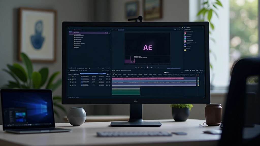Ecrã de computador mostrando interface After Effects com timeline visível e painéis de ferramentas organizados