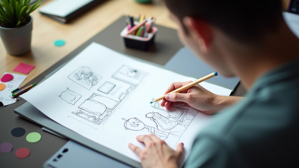Designer esboçando animação em papel e computador, mostrando processo criativo de motion design