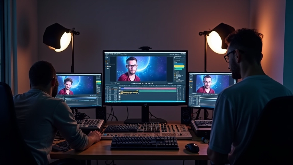 Monitor duplo mostrando projeto de motion graphics em desenvolvimento